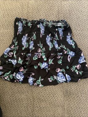 wild fable Black Floral Ruffle Mini Skirt with Blue & Pink Blooms